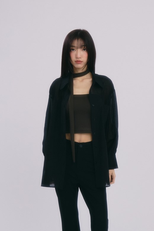透感紋理澎袖襯衫