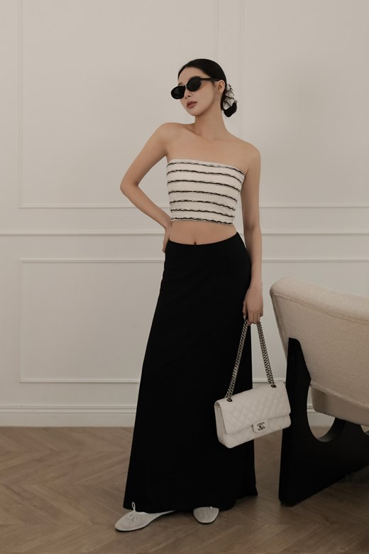 彈力拼接傘擺長裙