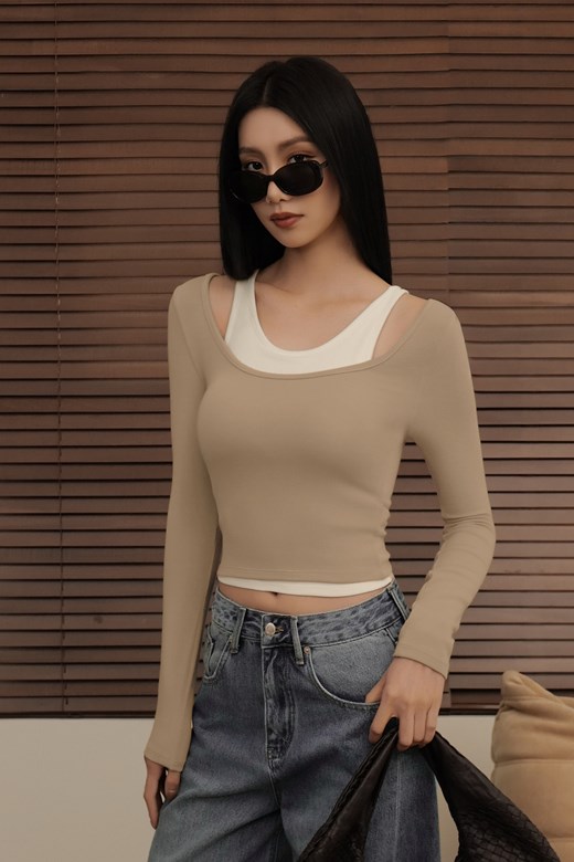 兩件式撞色長袖削肩BRATOP