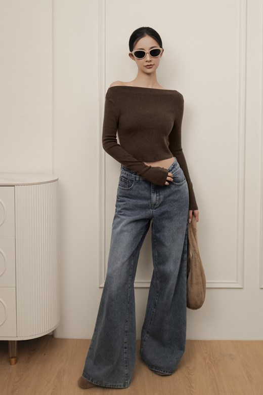 斜肩針織短版長袖上衣