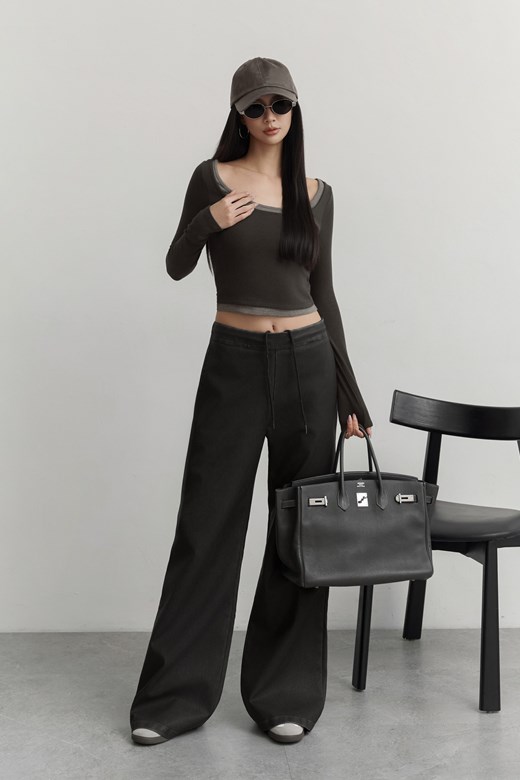 水洗內抽繩鬆緊皮長褲