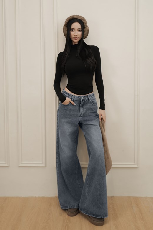 中腰刷色牛仔落地寬褲