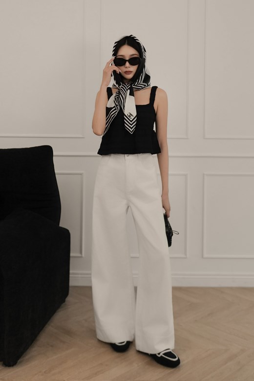 高腰拼接大寬褲