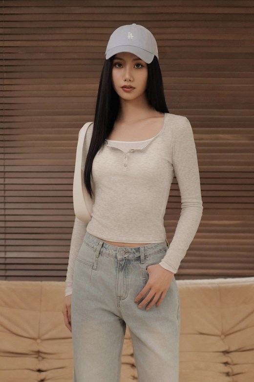 兩件式開釦坑條長袖上衣