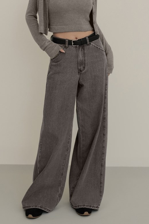 斜口袋側剪接線牛仔長褲