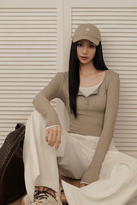 兩件式開釦坑條長袖上衣