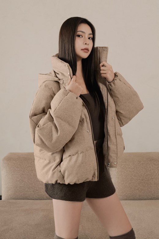 混色毛呢連帽羽絨外套(可拆式)