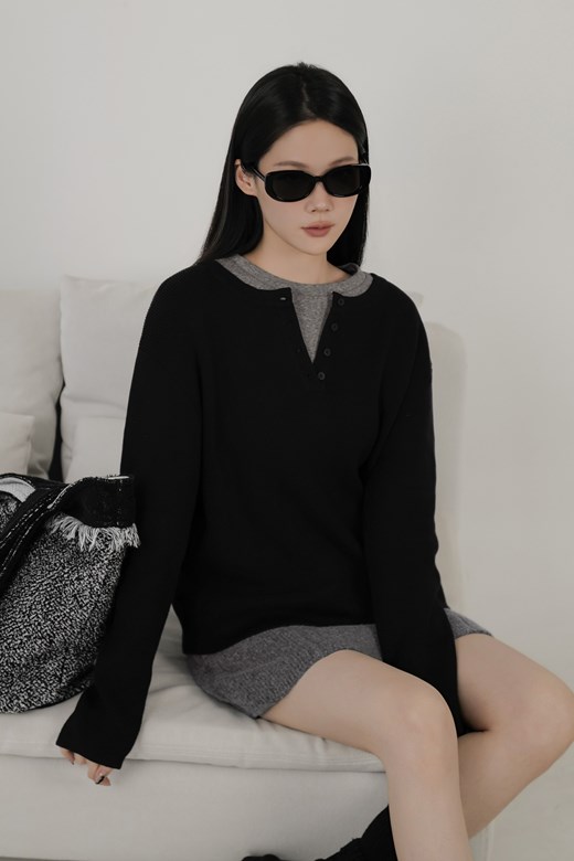 圓領針織開釦毛衣