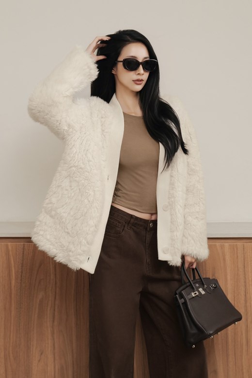 針織拼接毛毛開釦外套