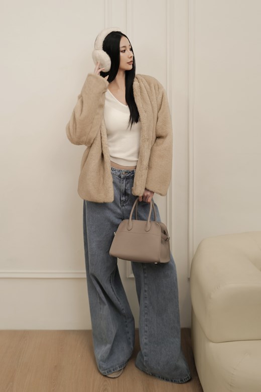 側剪接落地牛仔長褲