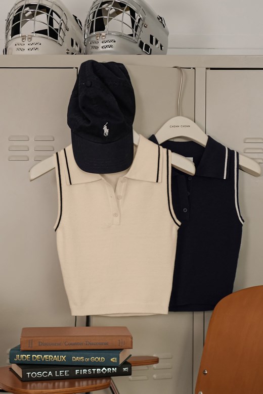 撞色削肩翻領針織背心