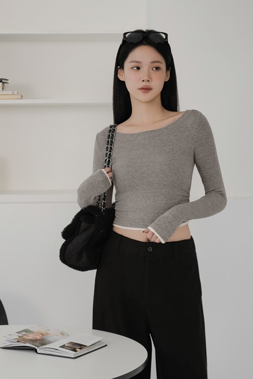 假兩件側抽皺長袖上衣