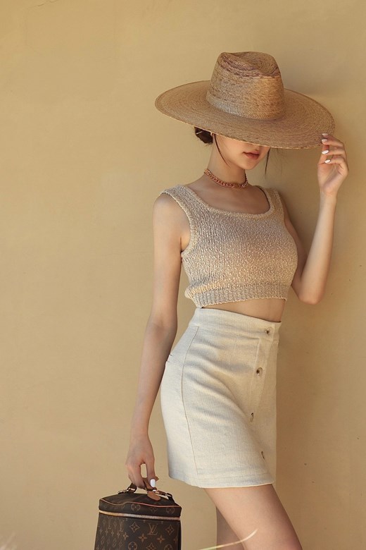 棉麻高腰排釦短裙