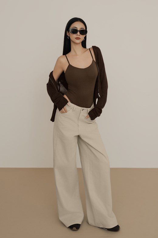 斜口袋側剪接線牛仔長褲