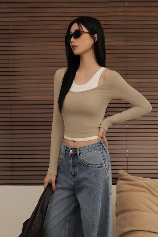 兩件式撞色長袖削肩BRATOP