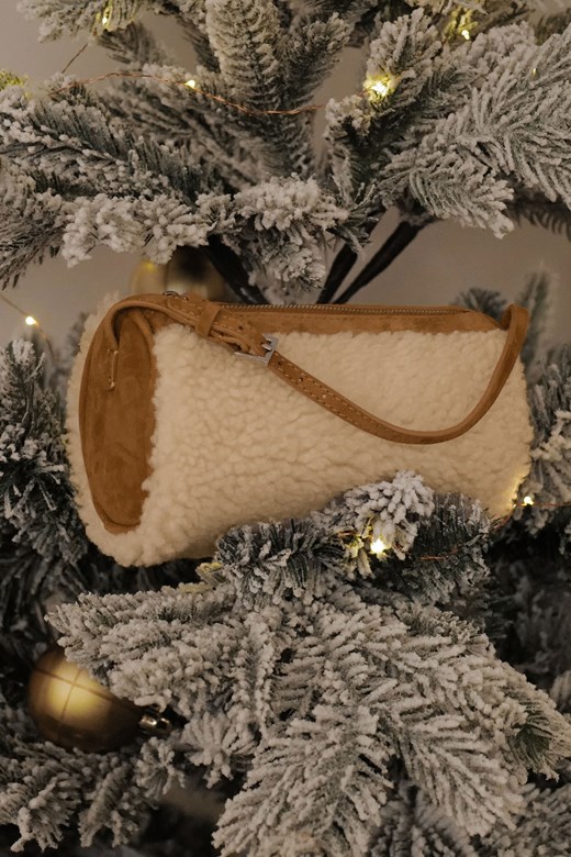 拼接麂皮毛毛圓筒包