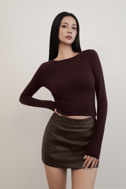 寬領側抓皺針織長袖