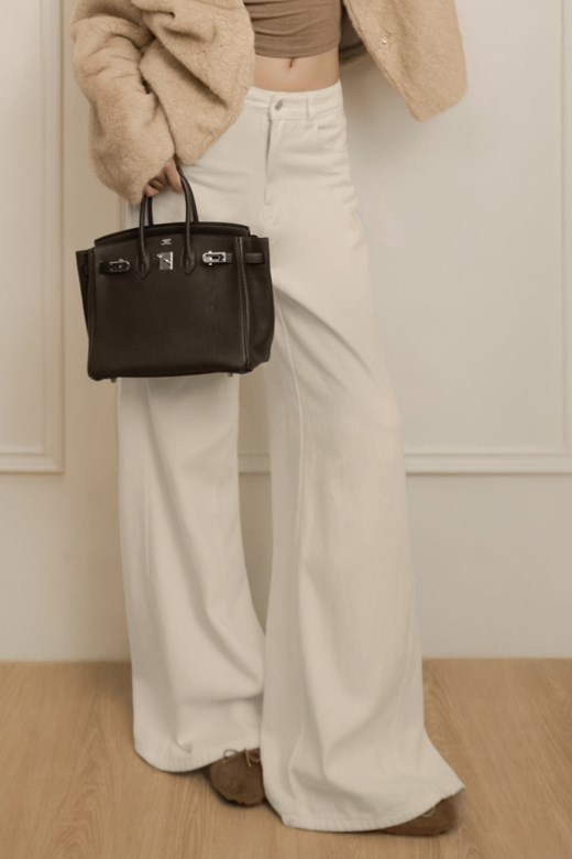 側剪接落地牛仔長褲