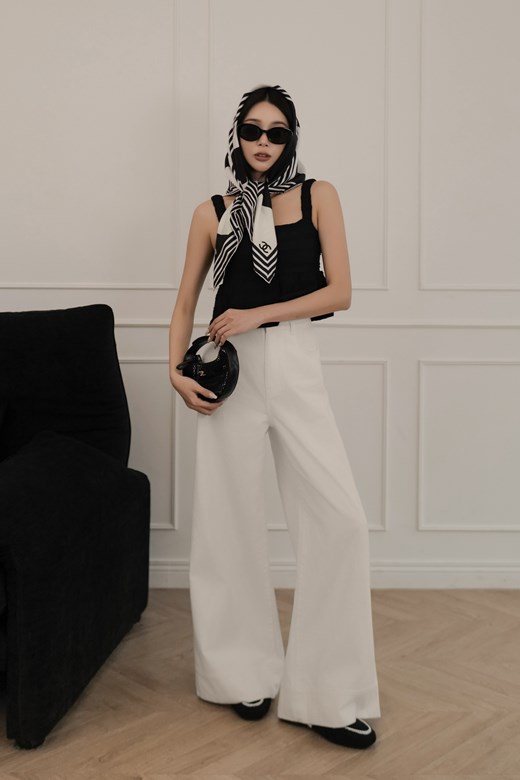 高腰拼接大寬褲