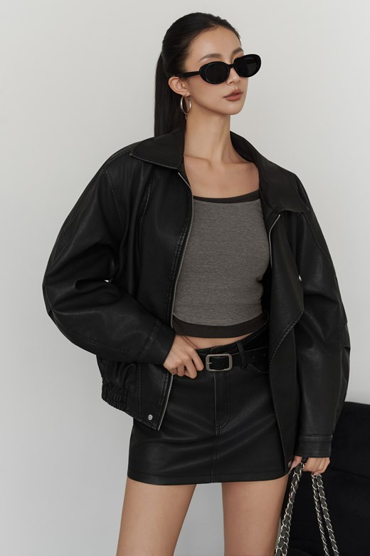 水洗寬鬆皮革鋪棉外套