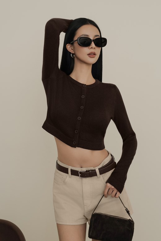 絲光針織圓領排釦開衫