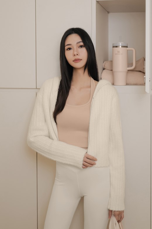 坑條針織連帽外套