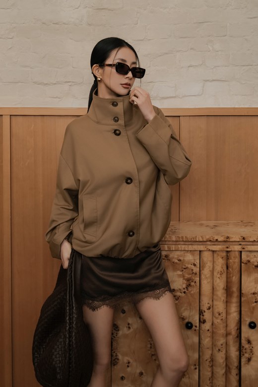 金棕立領寬鬆風衣外套