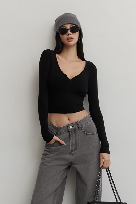 V領拉鍊棉質長袖BRATOP