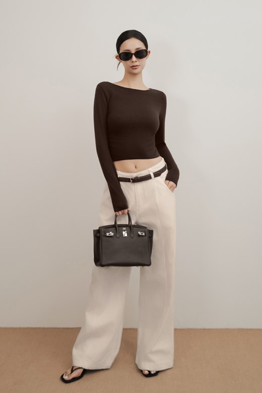 寬領側抓皺針織長袖