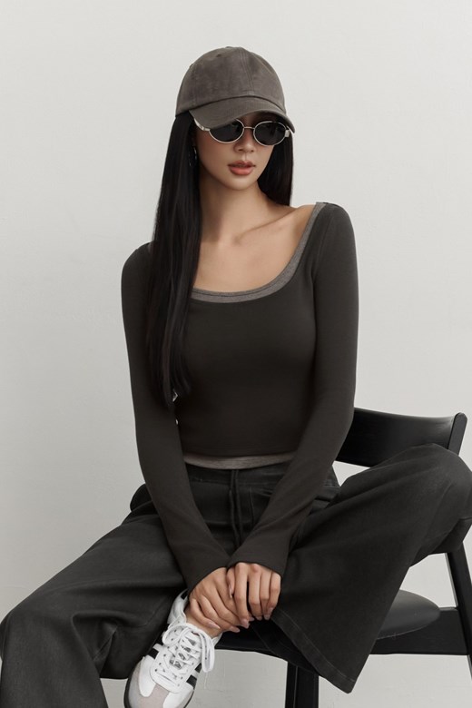 假兩件大U領棉質長袖