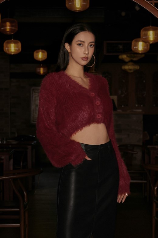 仿貂毛V領開釦針織外套