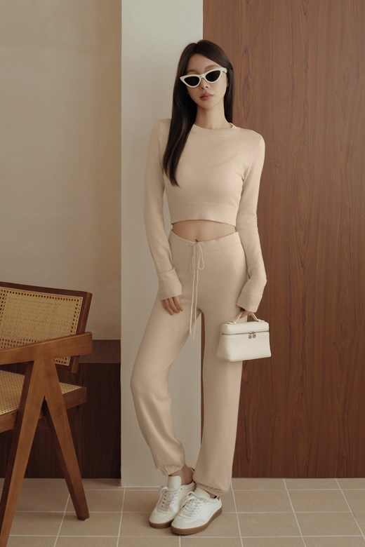 細針羊毛抽繩縮口長褲