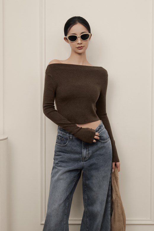 斜肩針織短版長袖上衣