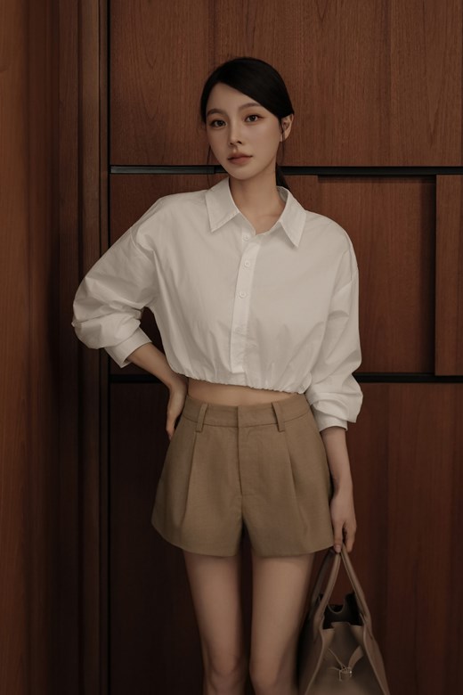 縮腰寬鬆短版襯衫