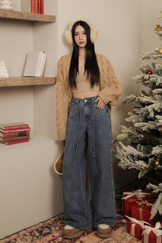 抽繩中腰牛仔寬褲