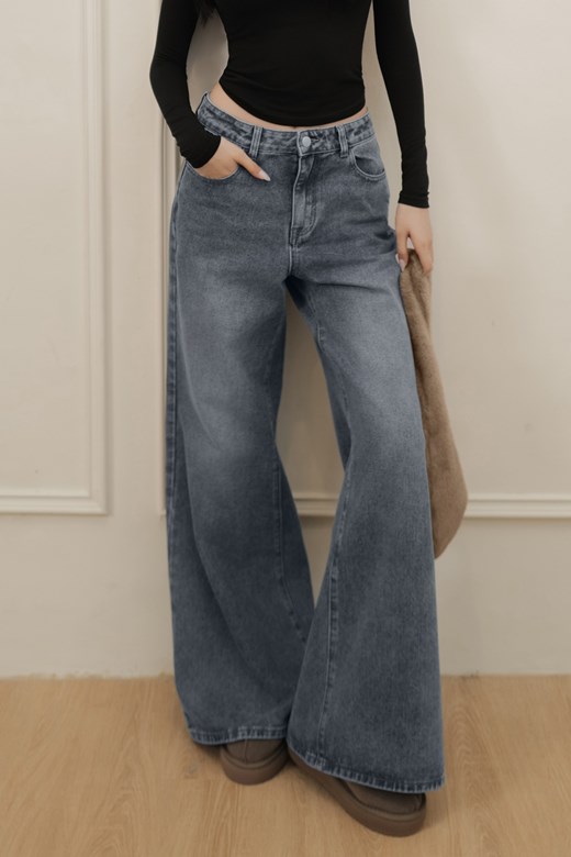 中腰刷色牛仔落地寬褲