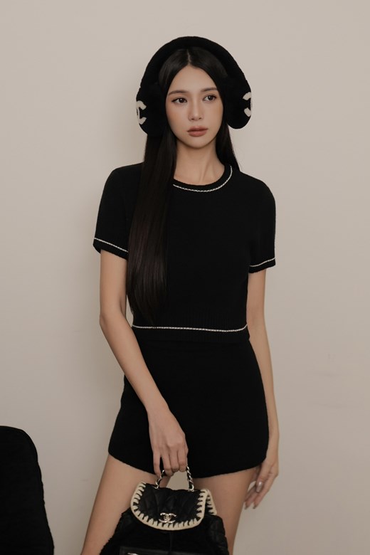 撞色圓領針織短袖上衣