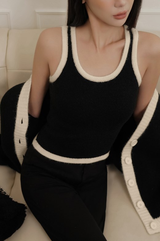撞色削肩針織背心