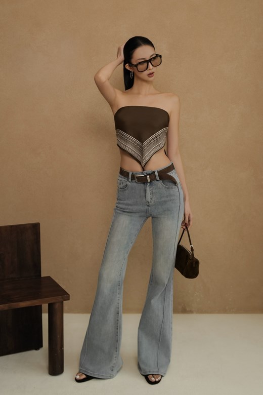 側壓線彈力喇叭牛仔長褲