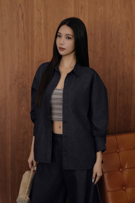 寬鬆口袋牛仔襯衫