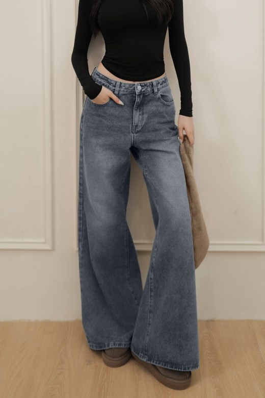 中腰刷色牛仔落地寬褲