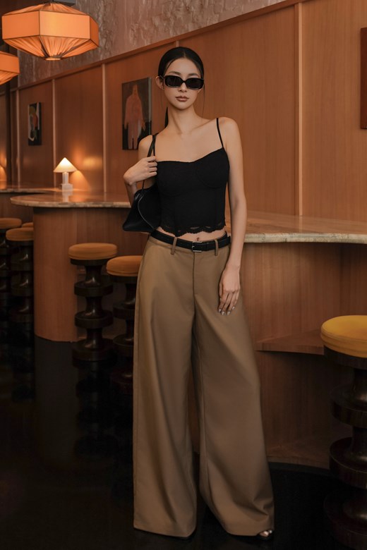 金棕高腰鉤釦直筒西裝寬褲