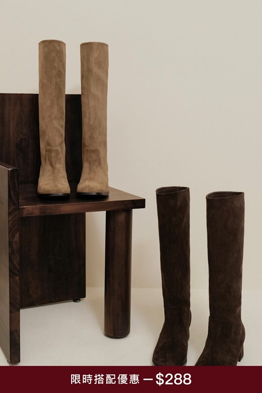 麂皮粗跟方頭長靴