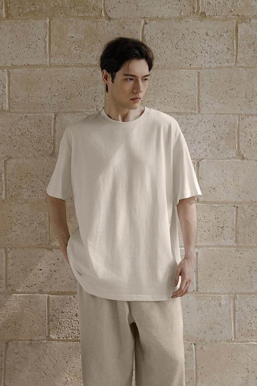 亞麻感圓領寬鬆TEE(MEN)