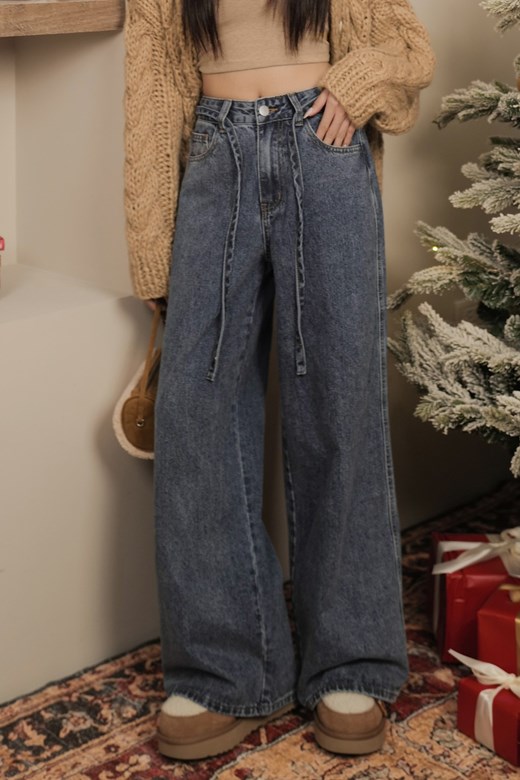 抽繩中腰牛仔寬褲