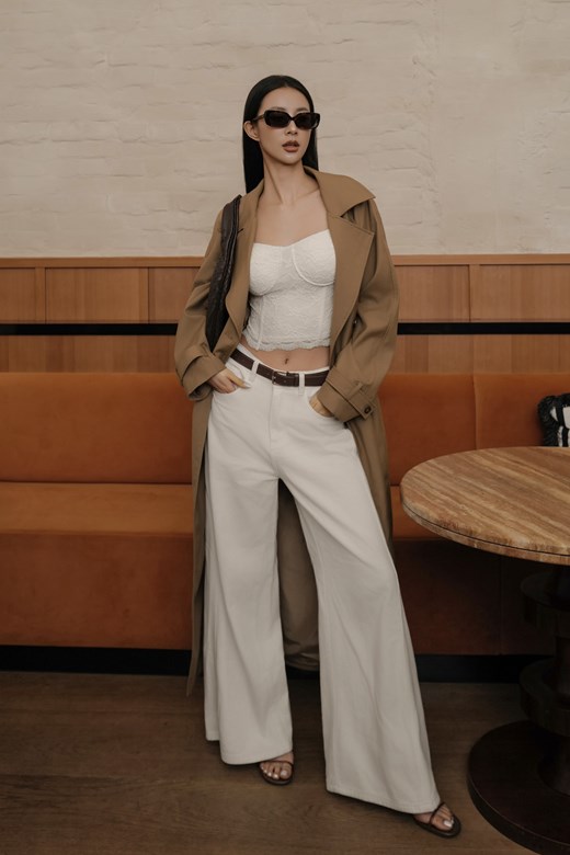 側剪接落地牛仔長褲