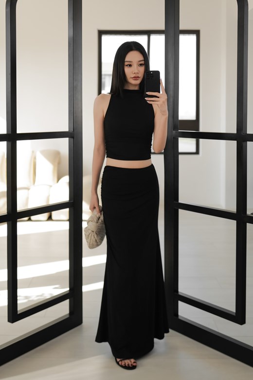 彈力天絲側抽皺長裙