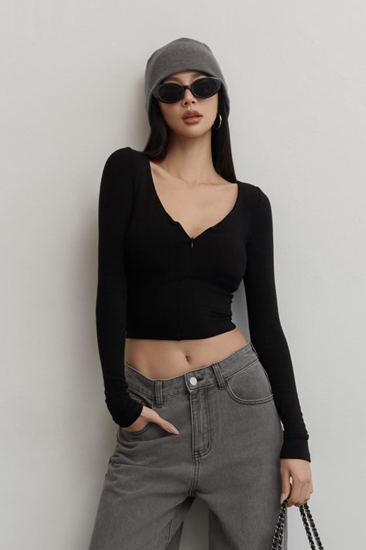 V領拉鍊棉質長袖BRATOP