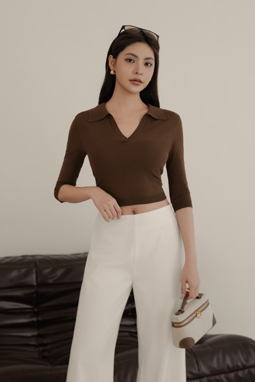 翻領七分袖針織上衣