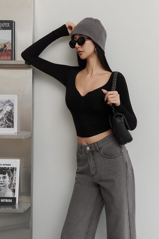 V領拉鍊棉質長袖BRATOP